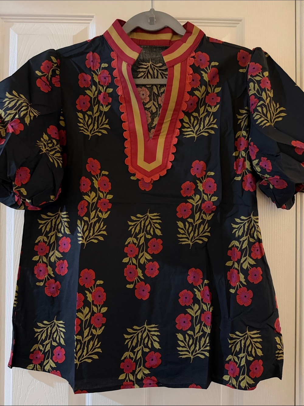 Black Floral Split-Neck Top with Pink & Gold Accents